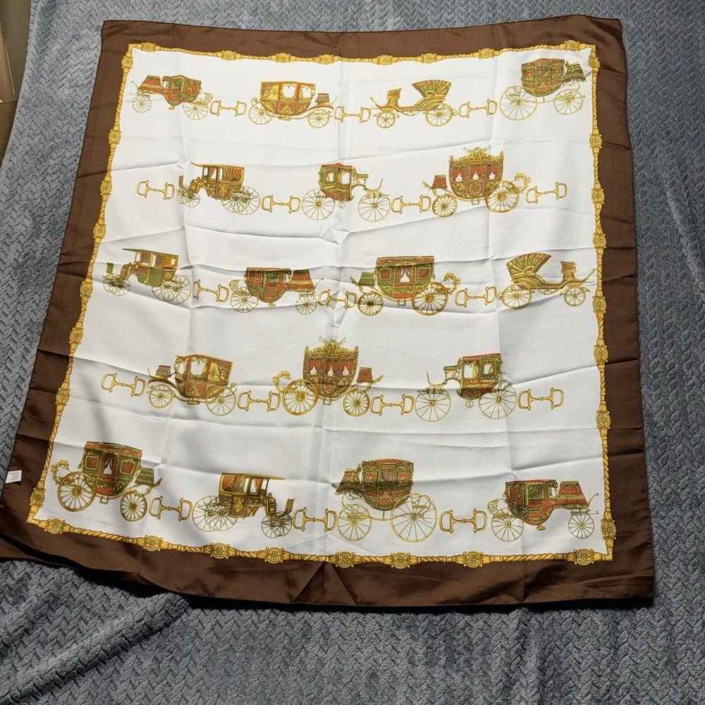 VTG Italian Carriage Print Silk-Style Scarf‎ Stage Coach Brown Gold Equestrian
